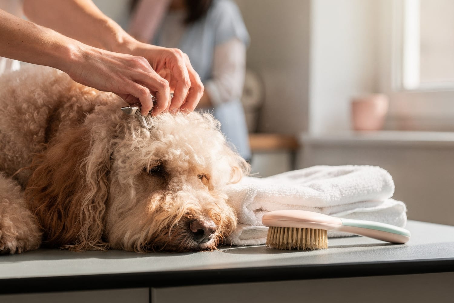 Gentle hands carefully brushing out the soft coat of a calm, resting dog on a grooming table.