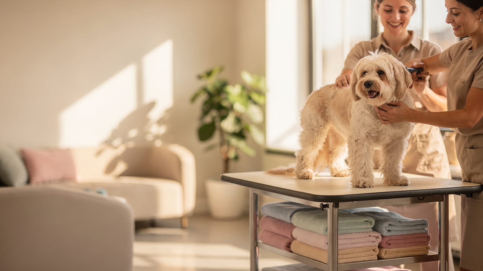 A relaxed fluffy dog standing calmly on a grooming table in a bright, sunlit salon while being gently brushed.